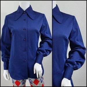 Vintage 70's navy blue dog ear button up long sleeve disco style blouse